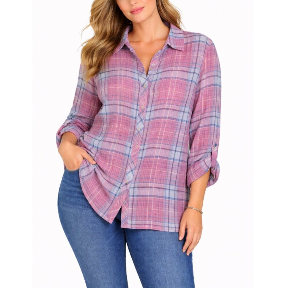 44 North Women's Pink and Blue Plaid Casual Button Down Shirt Size XXL